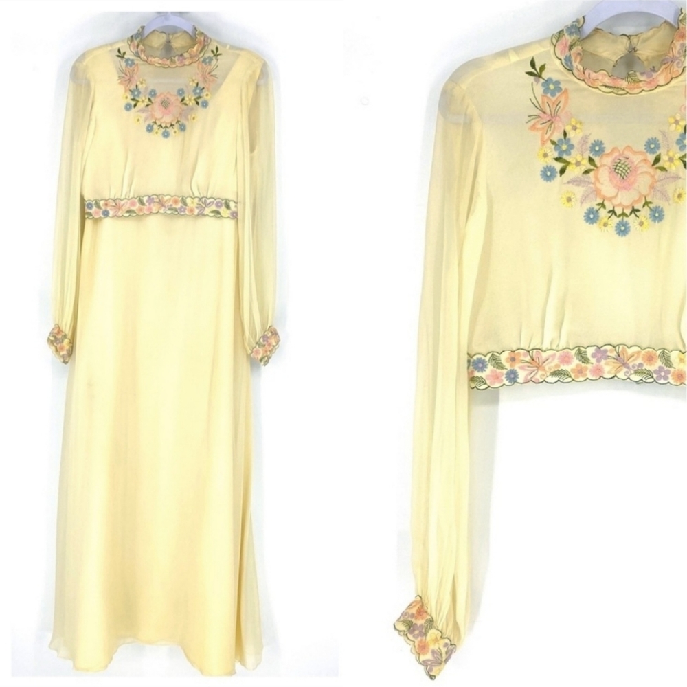 VTG 70s Embroidered Chiffon Maxi Dress Set